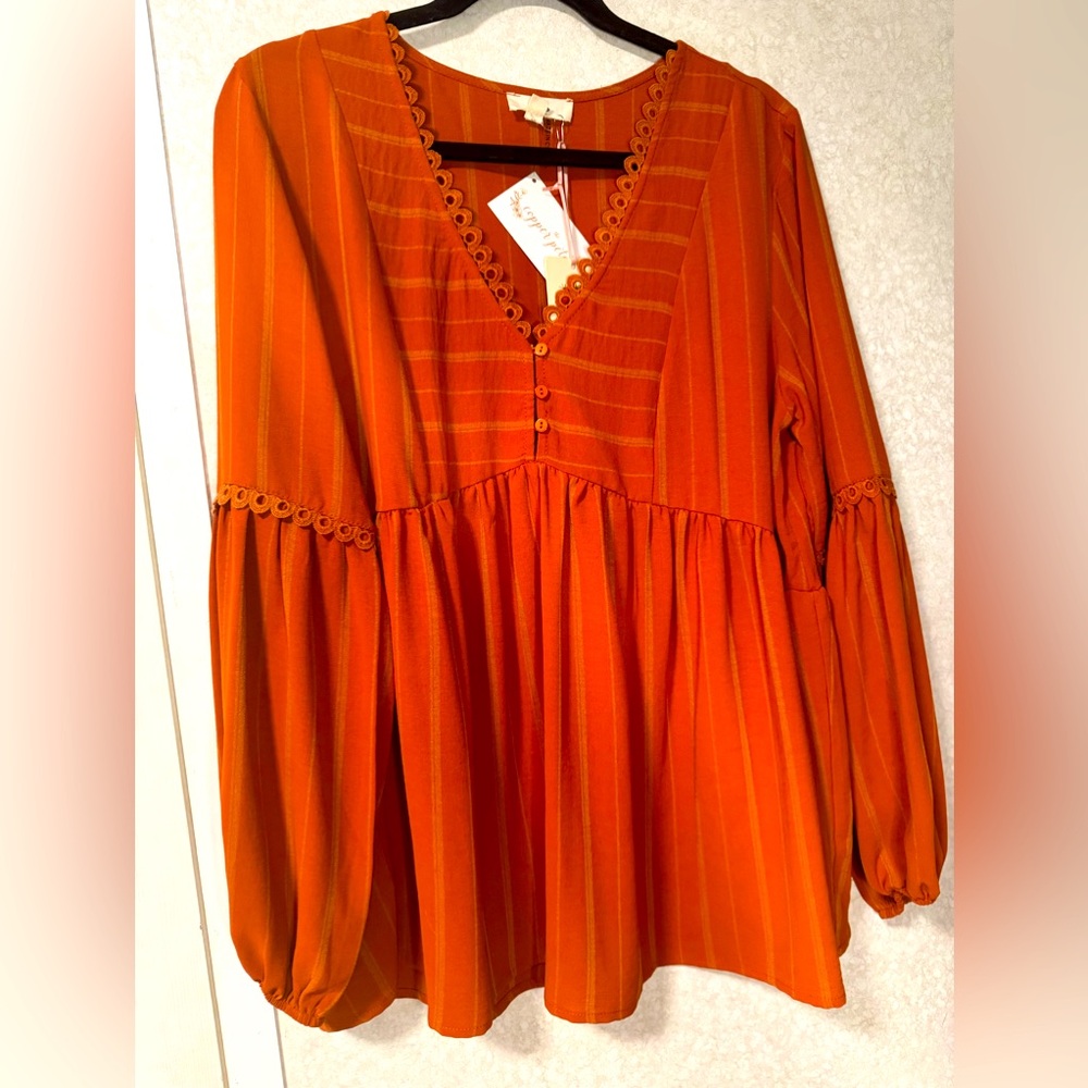 NWT Entro Baby Doll Balloon Sleeve Women M Top Boho Western Hippie Orange